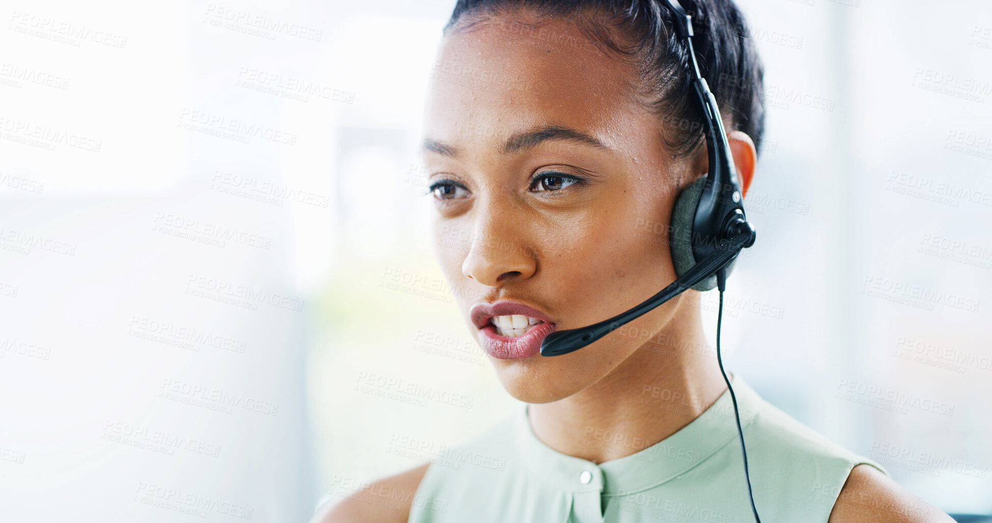 Buy stock photo Finance, headset or woman in call center talking for consulting client, online help or business loan advice. Financial consultant, CRM or agent speaking for insurance service or communication support