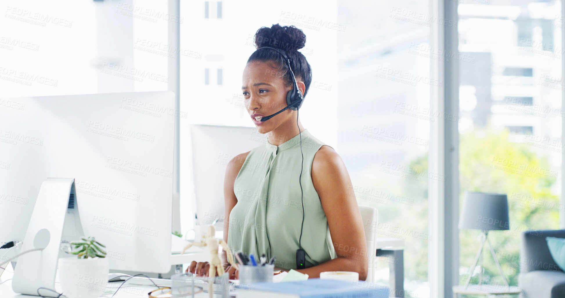 Buy stock photo Finance, computer or woman in call center talking for consulting client, online help or business loan advice. Financial consultant, support or agent headset for insurance service or communication