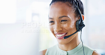 Buy stock photo Computer, headset or woman in call center for consulting client, online help or business loan advice. Financial consultant, CRM or agent talking for insurance sales service, support or communication