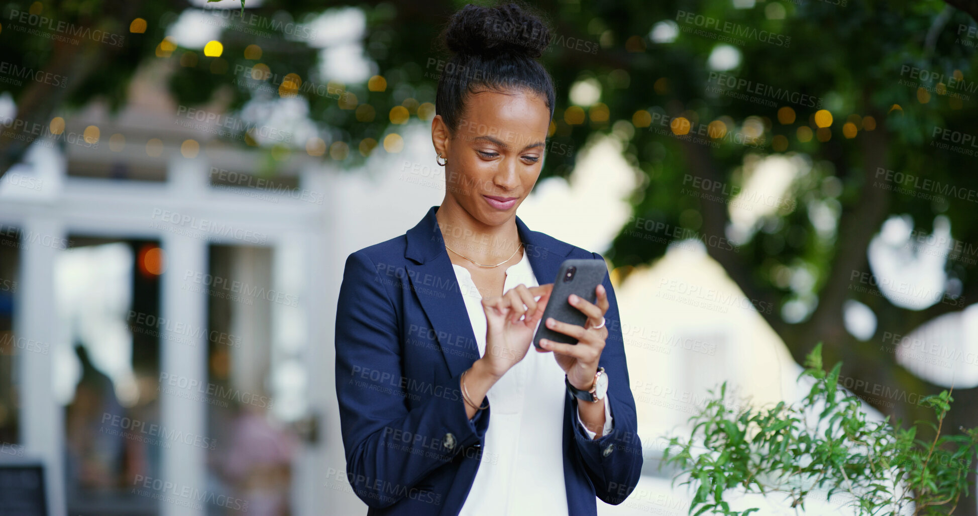 Buy stock photo Business, woman and smile with phone in city for communication, social media and morning commute. Happy, person and mobile app with texting, schedule update and reading news for urban travel location