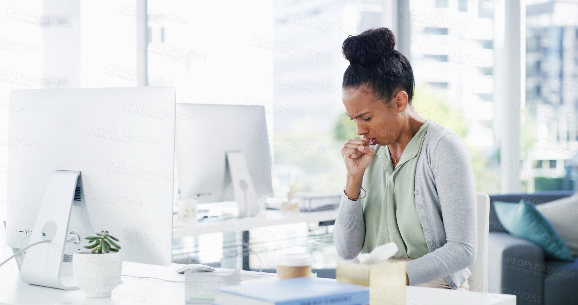 Buy stock photo Sick, business woman and cough in office with virus infection, influenza symptoms and health risk. Consultant, employee and cold at desk with respiratory illness, hayfever allergy and asthma problem
