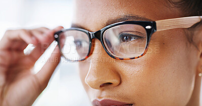 Buy stock photo Thinking, eyesight and woman with glasses, eyes and lens for vision, optometry and healthcare for strain. Contemplating, wellness and person with prescription eyewear, optician and health with frame