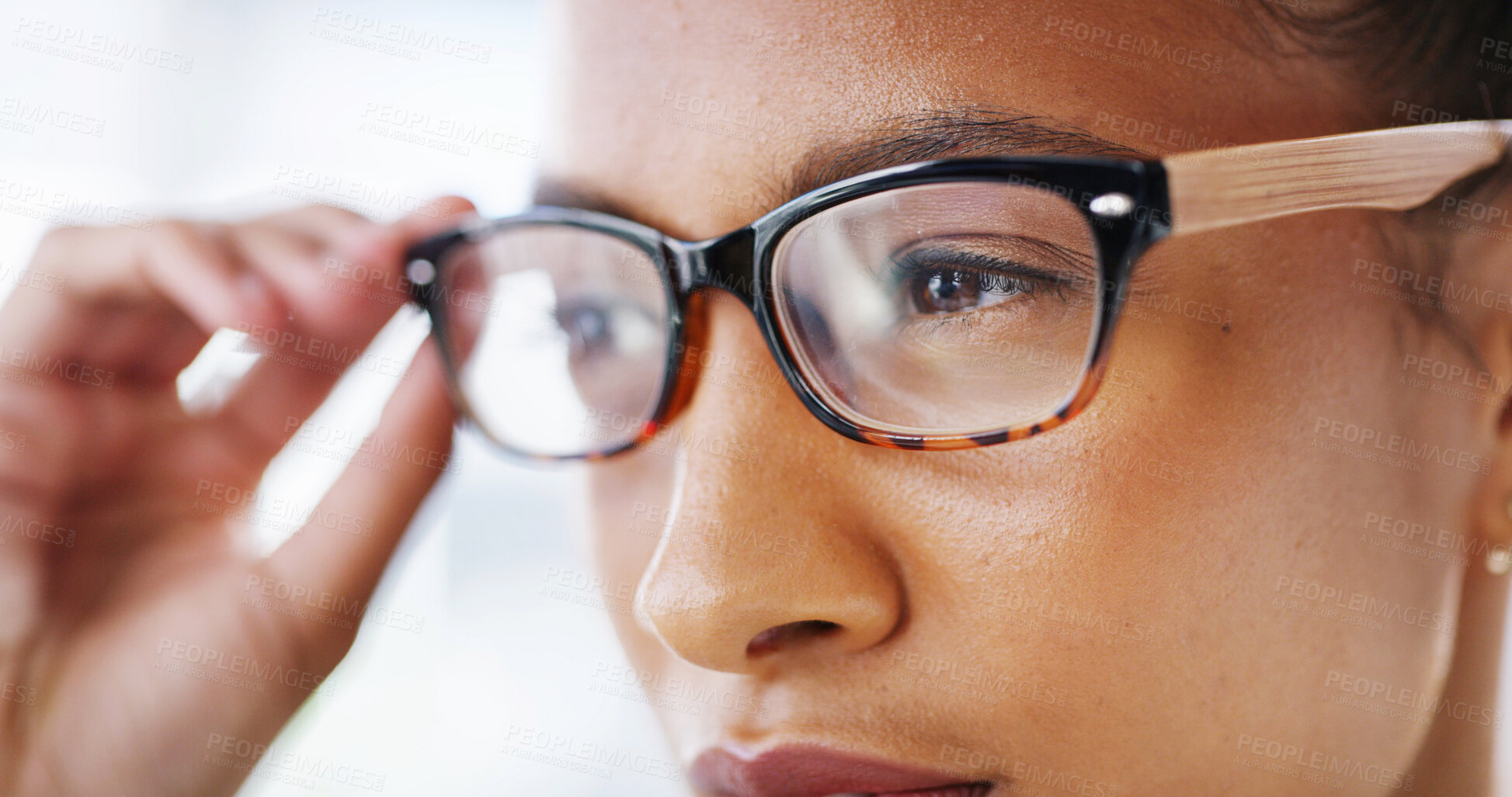 Buy stock photo Thinking, eyesight and woman with glasses, eyes and lens for vision, optometry and healthcare for strain. Contemplating, wellness and person with prescription eyewear, optician and health with frame