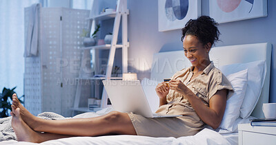 Buy stock photo Online shopping, credit card and happy woman in bedroom with laptop for banking, payment and discount at night. Debit, home and girl on computer with digital money for ecommerce, sales and fintech