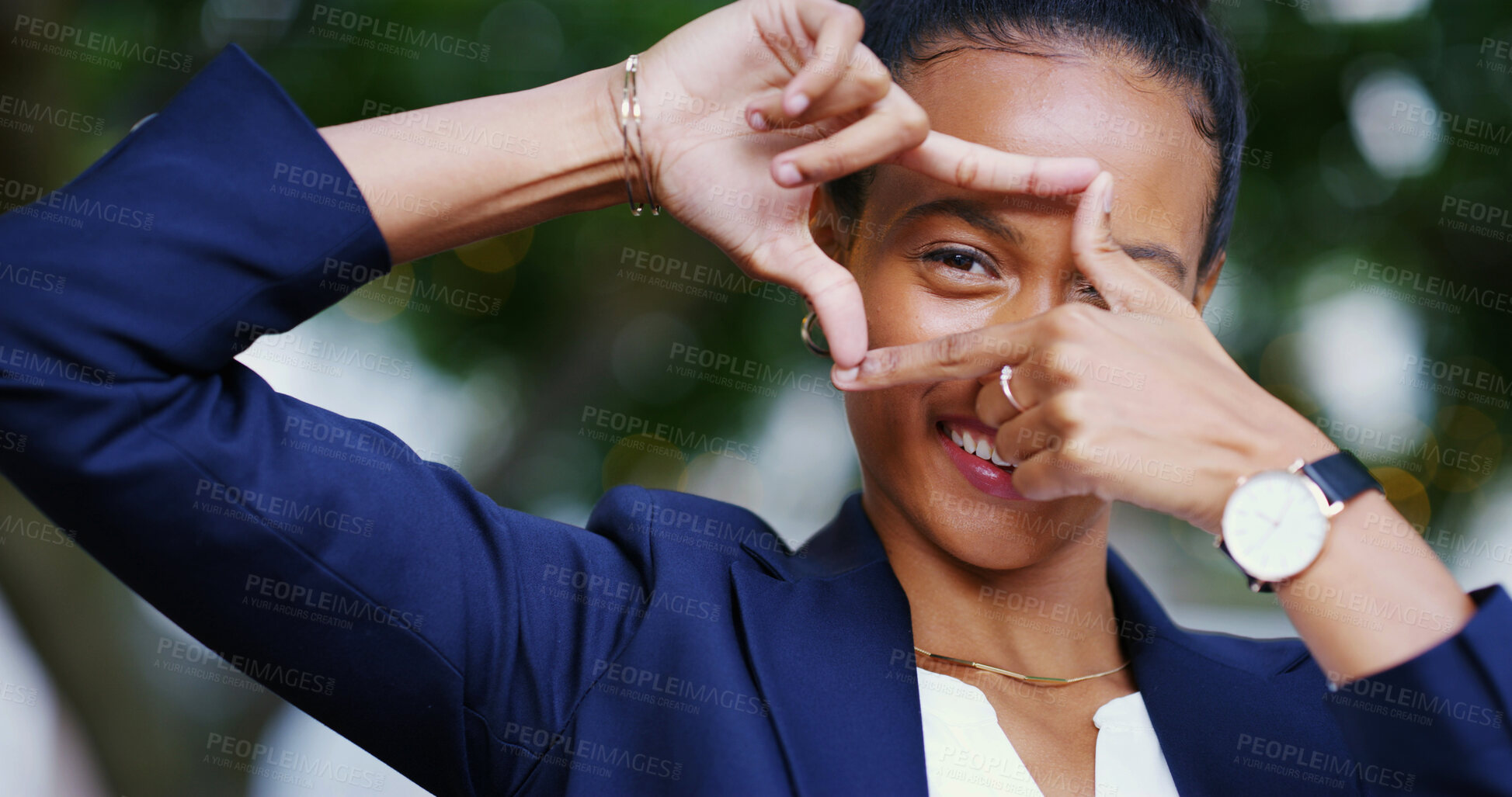 Buy stock photo Portrait, business and woman with hand frame in city for corporate photography, profile picture and creative. Smile, gesture and perspective for morning commute, career ambition and lawyer experience