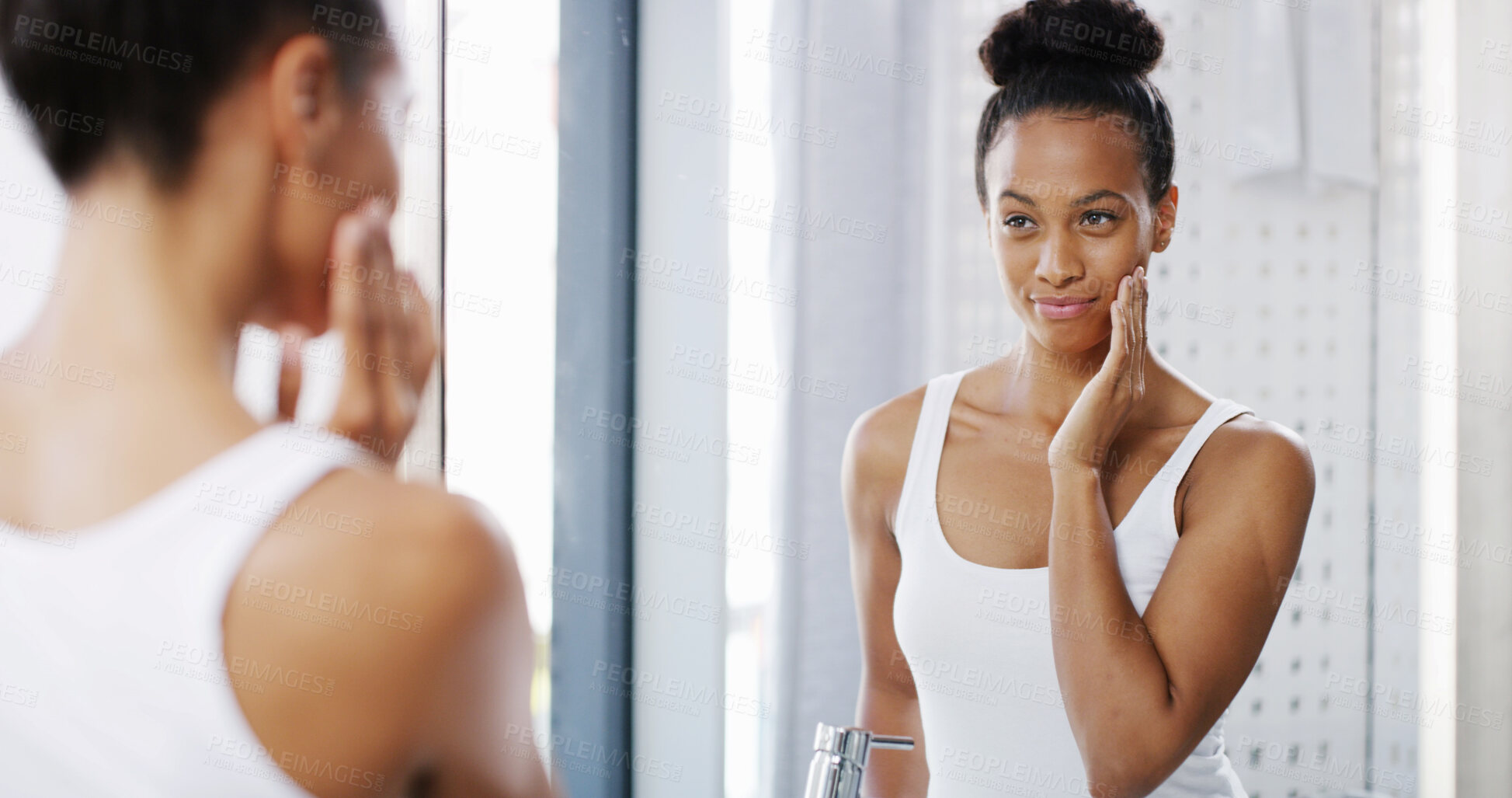 Buy stock photo Confidence, woman and beauty in home mirror with anti aging treatment results, glowing skin or cosmetic skincare. Reflection, person and satisfaction with face hydration, grooming and morning routine