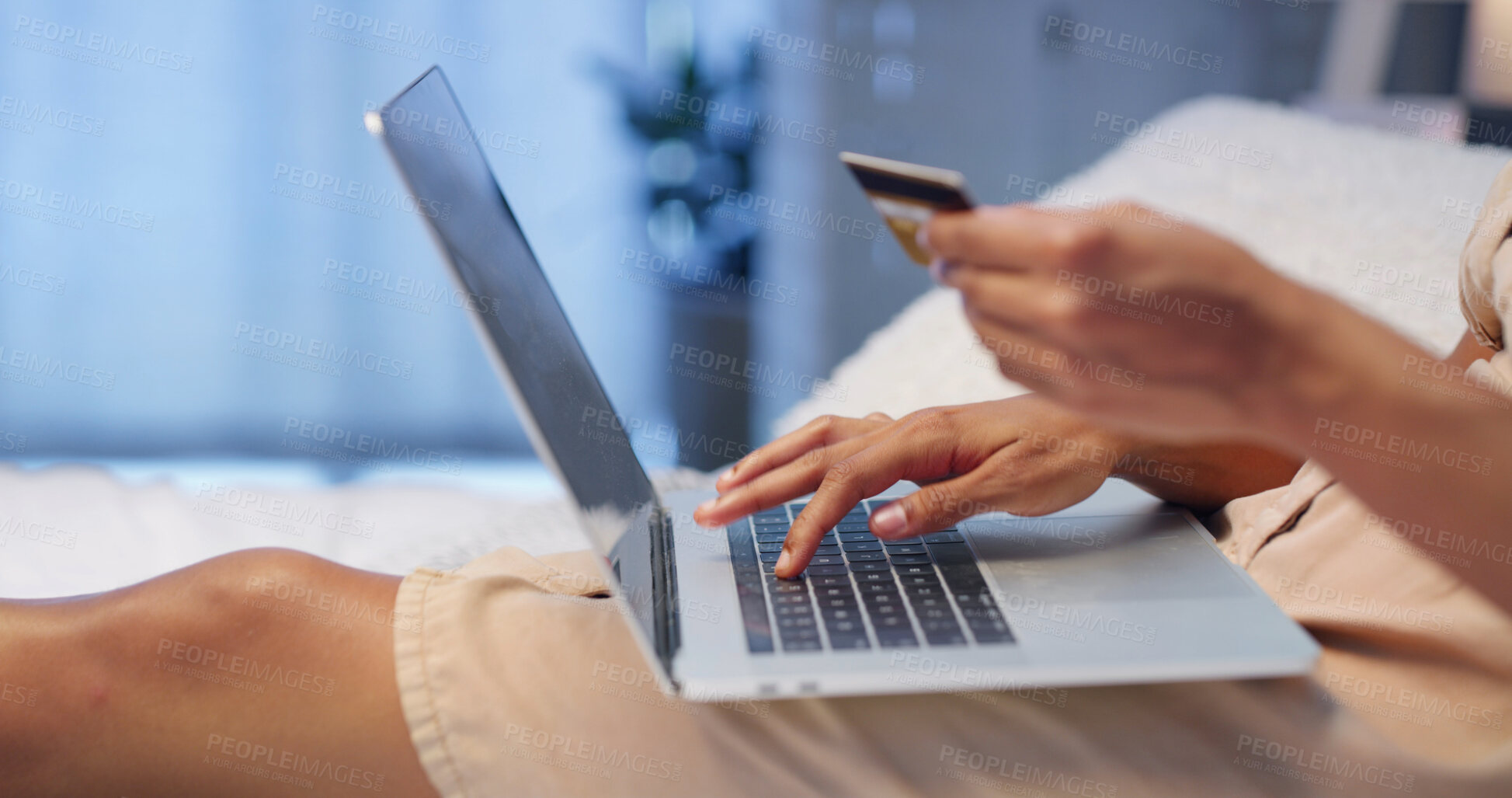 Buy stock photo Online shopping, credit card and hands on laptop in bedroom for banking, payment and discount at night. Debit, home and woman on computer with digital money for ecommerce, sales and financial deal