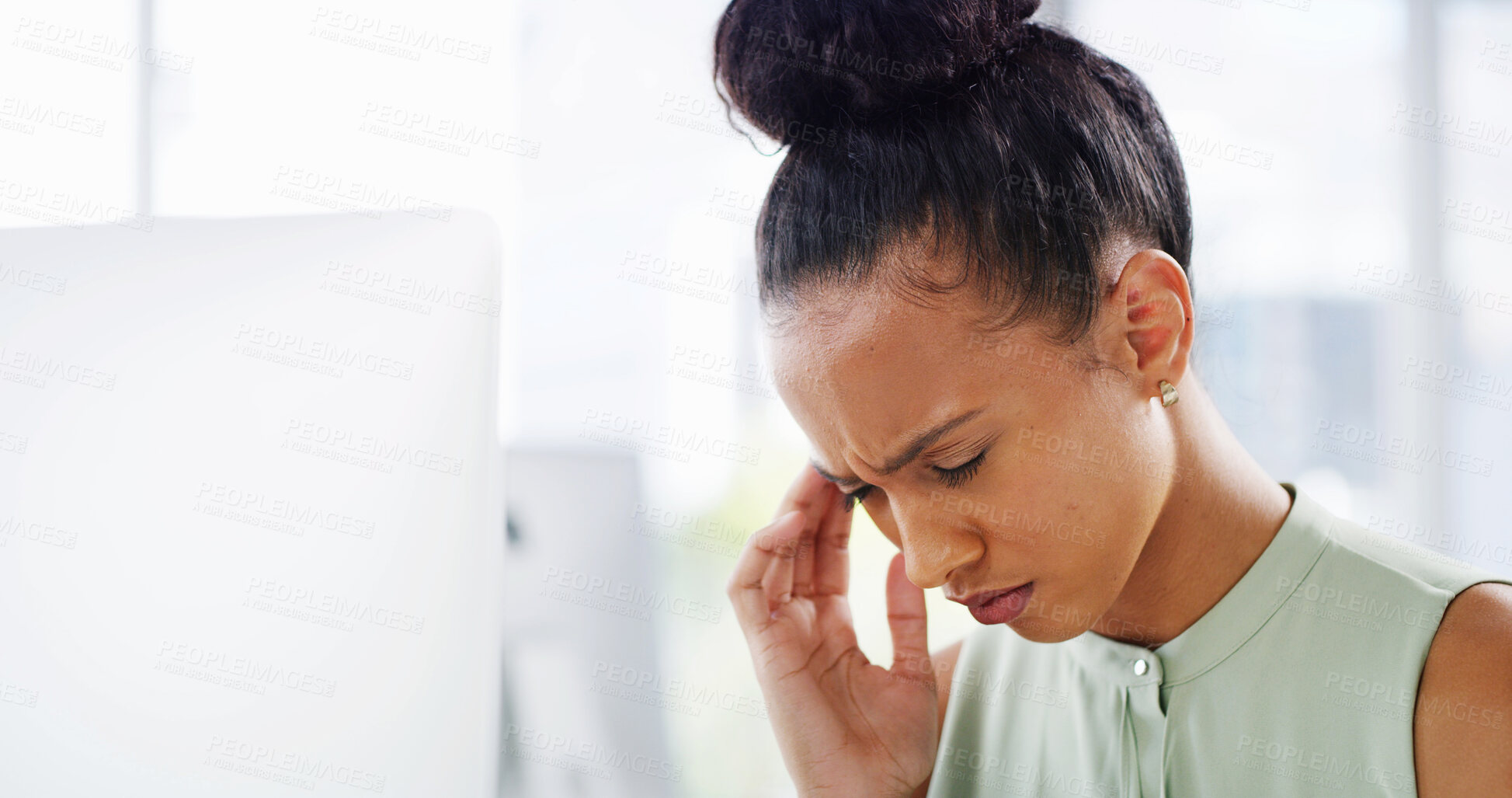 Buy stock photo Woman, headache and stress in office for business, financial crisis and frustrated at computer. Accountant, migraine and tension in agency with eye strain, burnout and anxiety for mistake at tech