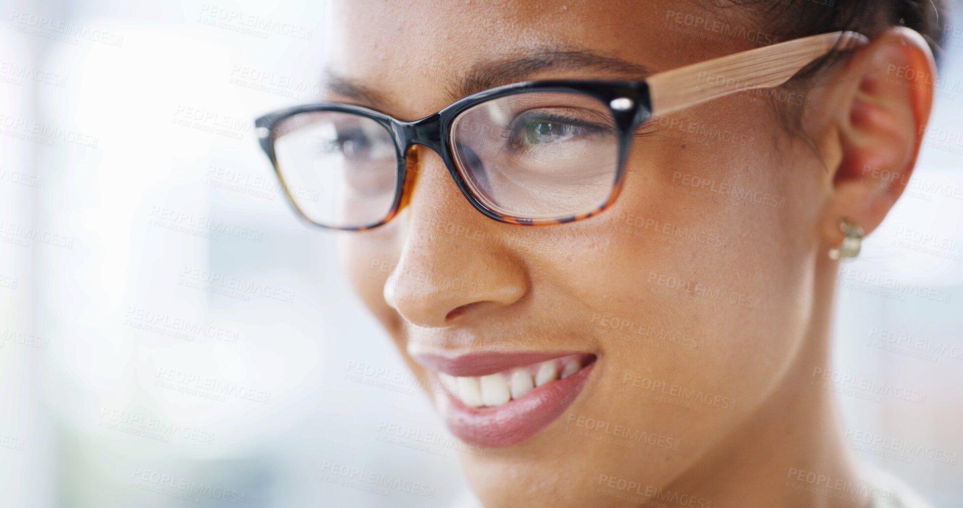 Buy stock photo Thinking, vision and woman with glasses, happy and lens for eyesight, optometry and healthcare for strain. Contemplating, wellness and person with prescription eyewear, optician and health with frame