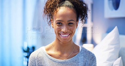 Buy stock photo Happy, relax and portrait of woman in home with positive attitude for new apartment in bedroom. Smile, confident and face of female person from Puerto Rico with pride for property investment at night