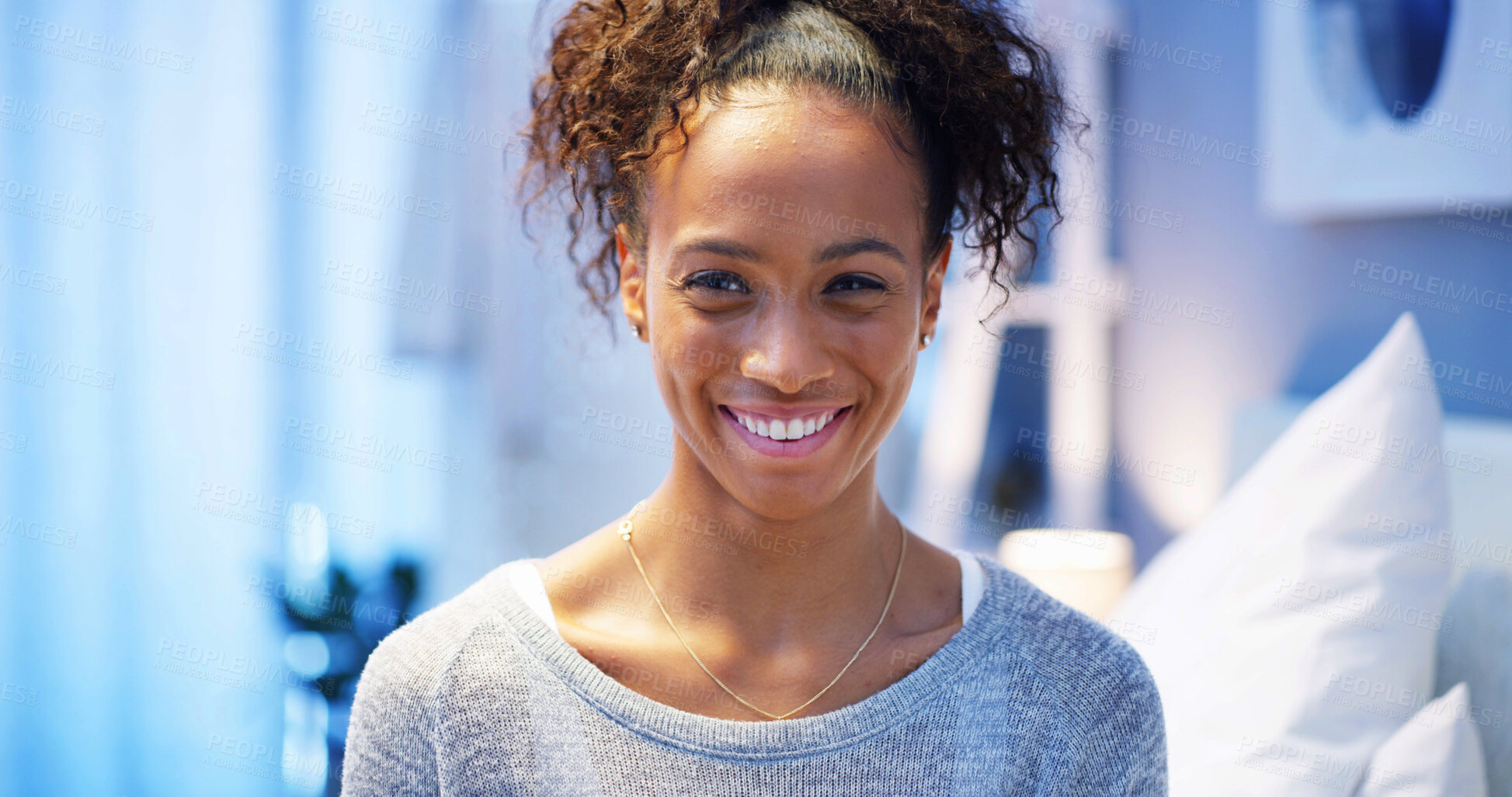 Buy stock photo Happy, relax and portrait of woman in home with positive attitude for new apartment in bedroom. Smile, confident and face of female person from Puerto Rico with pride for property investment at night