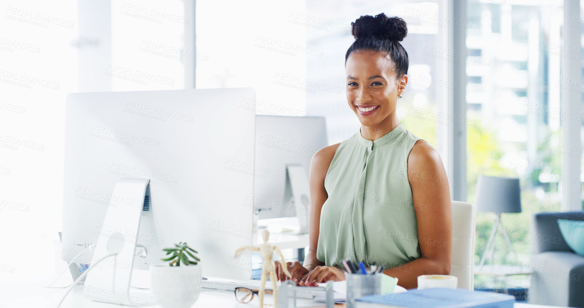 Buy stock photo Confident, portrait or happy woman on computer for accounting online research or profit evaluation. Budget, business or financial advisor with technology for company revenue, payroll or investment