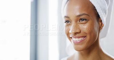 Buy stock photo Happy, woman and skincare in home bathroom with collagen treatment results, glowing skin or natural beauty. Space, confident girl or towel for self care, anti aging or face hydration with dermatology