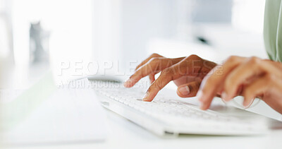 Buy stock photo Hands, keyboard and typing with business person at desk in office for administration or report closeup. Computer, email and human resources with employee in workplace for project, research or task