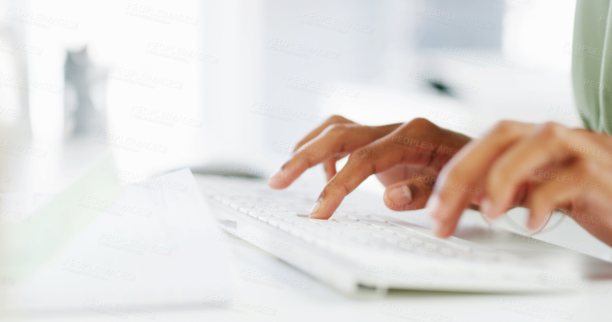 Buy stock photo Hands, keyboard and typing with business person at desk in office for administration or report closeup. Computer, email and human resources with employee in workplace for project, research or task