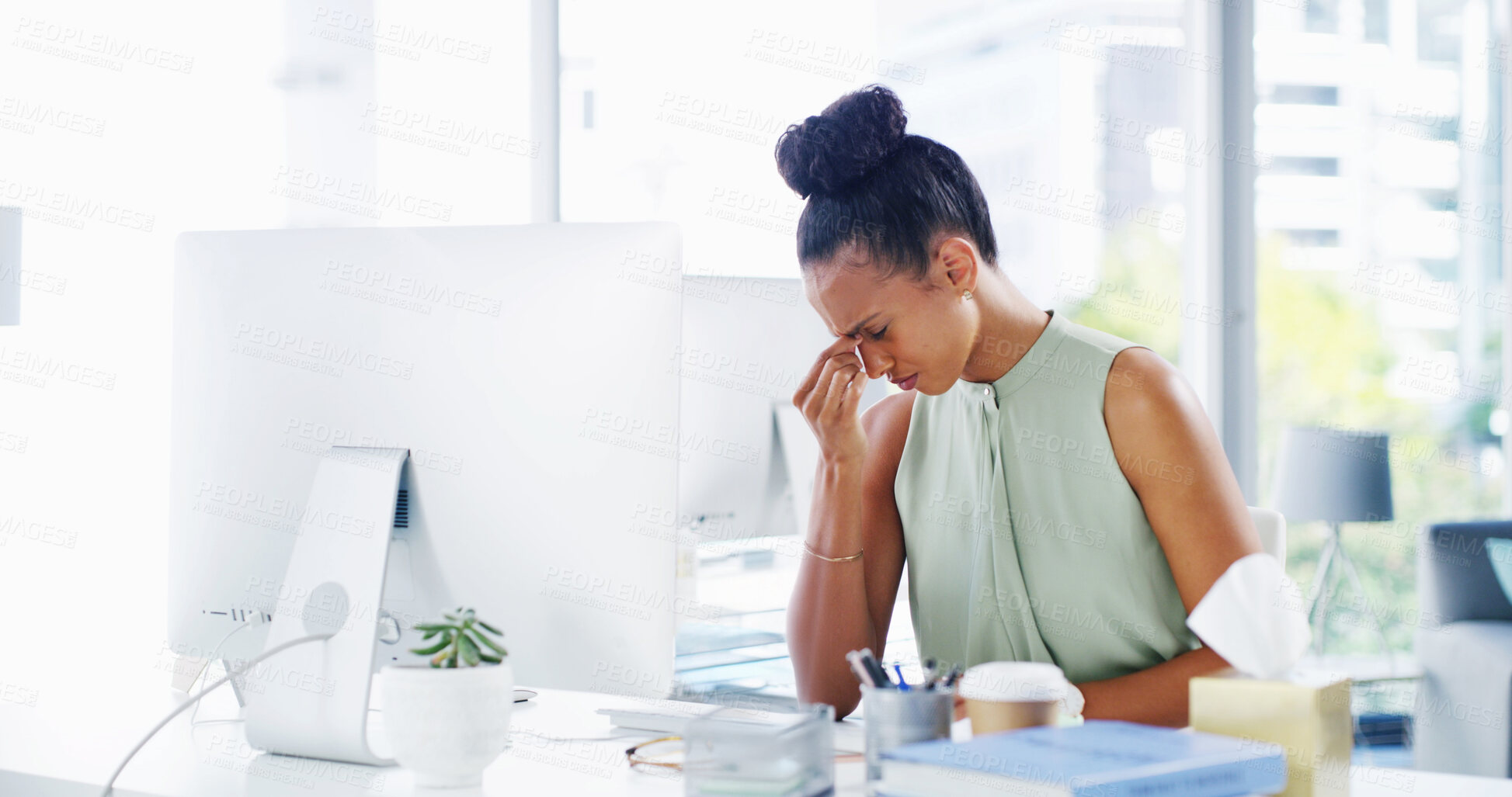 Buy stock photo Woman, headache or computer in office with stress, financial crisis or frustrated with error. Accountant, migraine or tension in business agency for eye strain, burnout or anxiety for mistake at tech