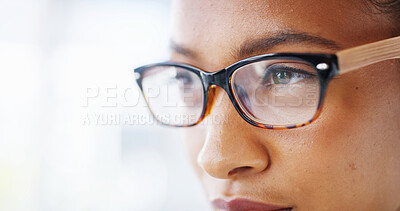 Buy stock photo Thinking, vision and woman with glasses, eyes and lens for eyesight, optometry and healthcare for strain. Contemplating, wellness and person with prescription eyewear, optician and health with frame