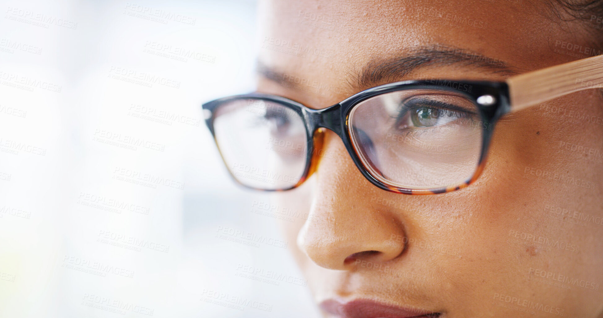 Buy stock photo Thinking, vision and woman with glasses, eyes and lens for eyesight, optometry and healthcare for strain. Contemplating, wellness and person with prescription eyewear, optician and health with frame