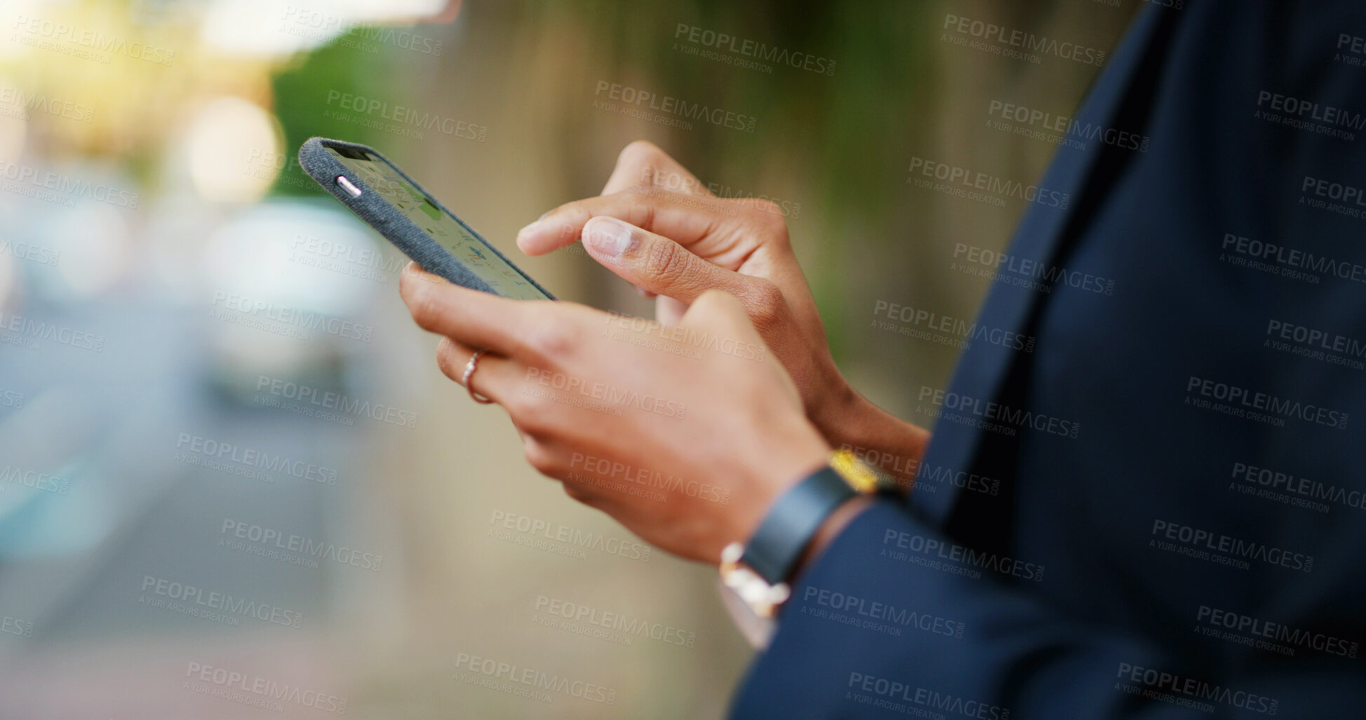 Buy stock photo Hands, woman and typing with phone in city of maps search, social media and morning commute. Person, mobile or website of travel location, trip notification and direction of navigation of destination