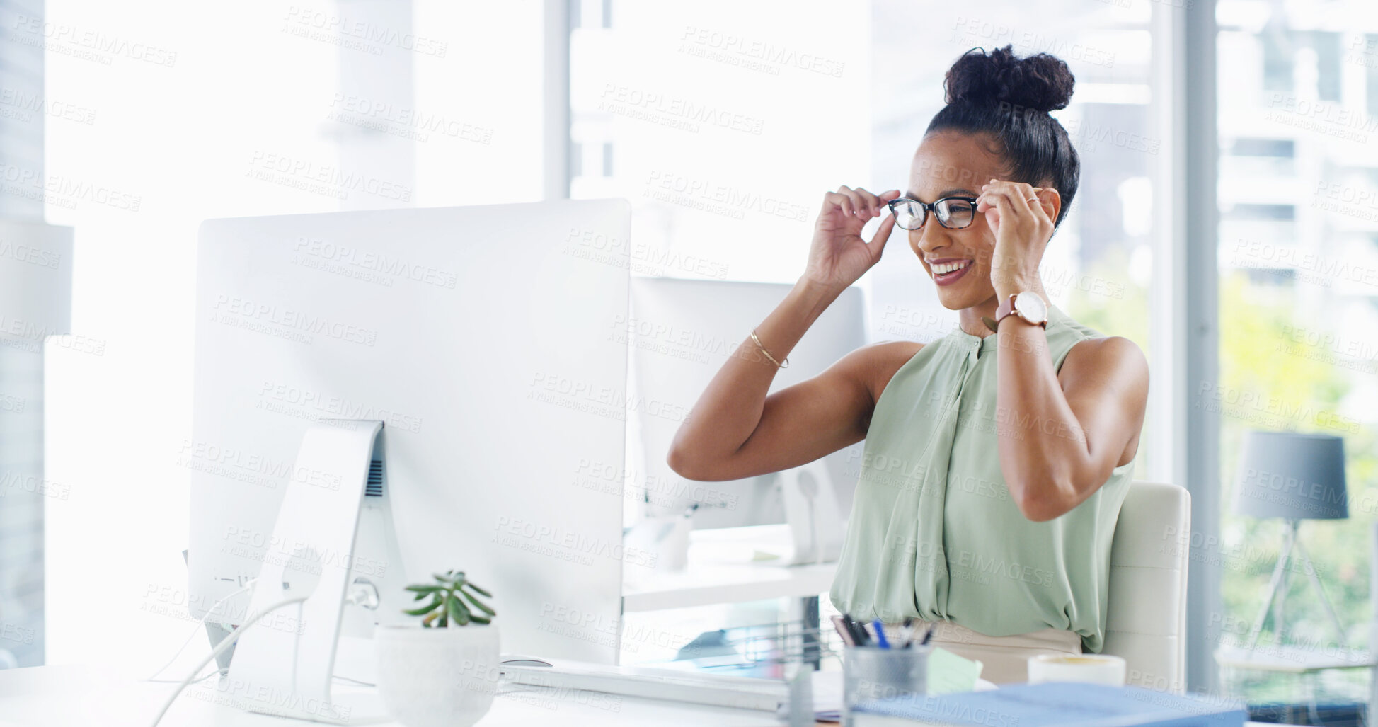 Buy stock photo Office, glasses and business woman on computer with frames, prescription lens and spectacles for reading. Entrepreneur, professional and person on pc for online research, website and internet