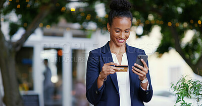 Buy stock photo Business, woman and phone with credit card outdoor for online shopping, banking payment or ecommerce. Consumer, person and debit transaction on smartphone for fintech, mobile finance or app purchase