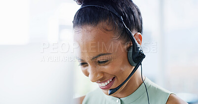 Buy stock photo Computer, laughing or happy woman in call center office for consulting, online help or loan advice. Financial consultant, funny joke or agent on technology for finance support or customer service