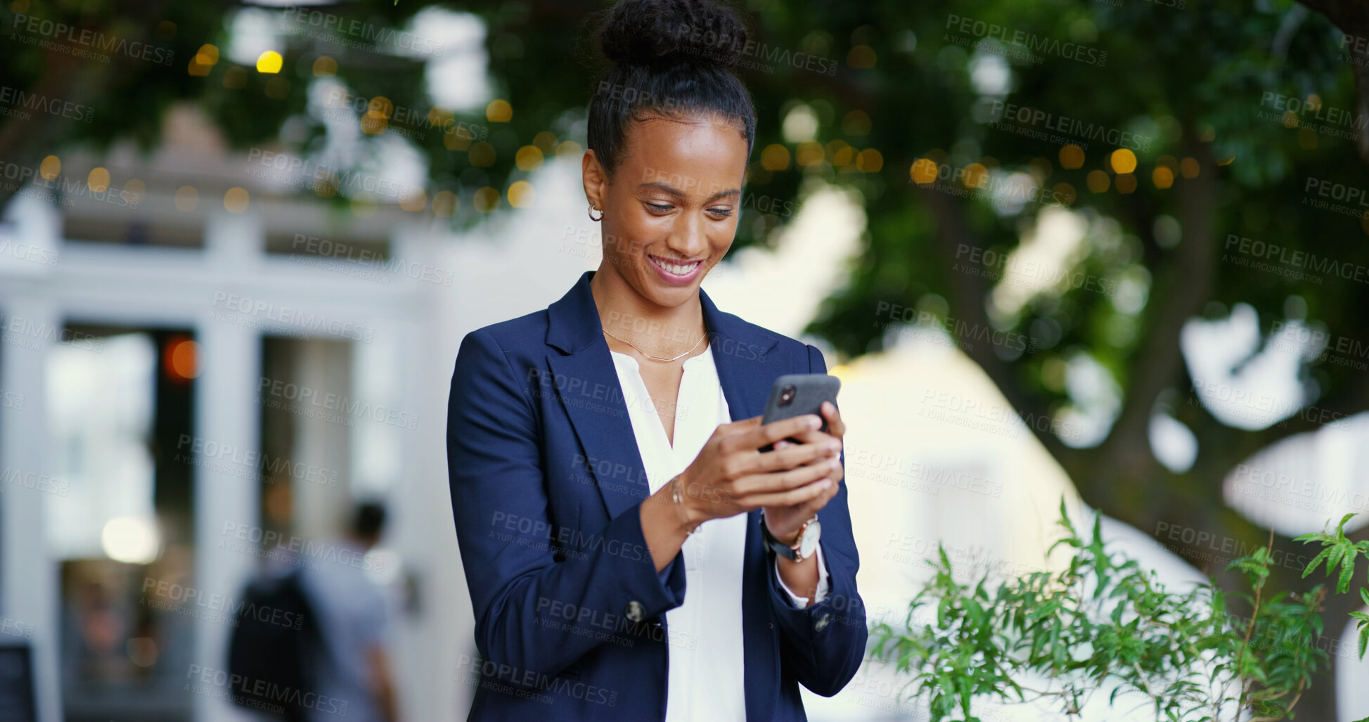 Buy stock photo Corporate, woman and typing with phone in city for communication, social media and morning commute. Smile, person and mobile app for texting, schedule update and reading news of urban travel location