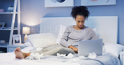 Buy stock photo Sick, bed and woman with laptop for remote work, research or telehealth with freelance business. Tissue, typing and girl in bedroom with cold, flu and computer for online project connection at home.