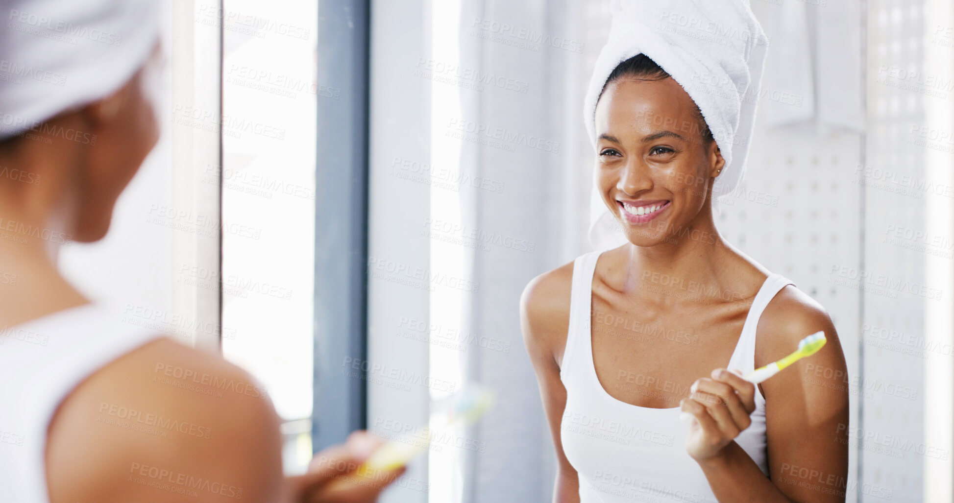 Buy stock photo Woman, toothbrush cleaning and mirror in home, oral hygiene practice and morning routine in bathroom. Female person, gum care and treatment to prevent plaque or cavity, reflection and dental health