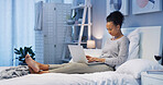 Remote work, woman and laptop in bedroom for typing, editing or creative writing in home. Freelance editor, tech or online in bed for feedback, article brainstorming or upload latest blog on platform