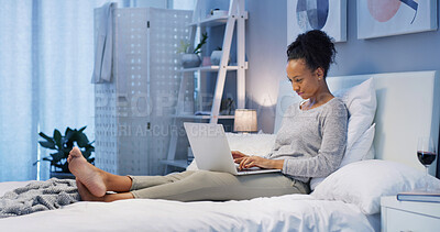 Buy stock photo Remote work, woman and laptop in bedroom for typing, editing or creative writing in home. Freelance editor, tech or online in bed for feedback, article brainstorming or upload latest blog on platform