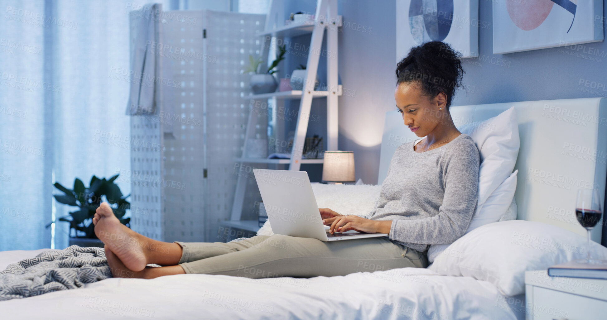 Buy stock photo Remote work, woman and laptop in bedroom for typing, editing or creative writing in home. Freelance editor, tech or online in bed for feedback, article brainstorming or upload latest blog on platform