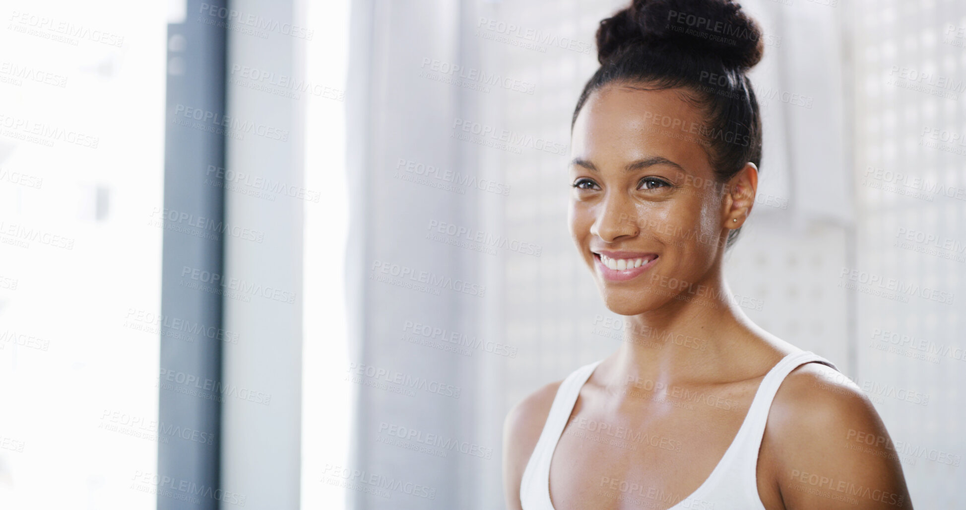 Buy stock photo Smile, woman and skincare in home mirror with collagen treatment results, glowing skin and natural beauty. Reflection, person and morning routine with confidence for self care, wellness or fresh face