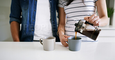 Buy stock photo Couple, hands and pouring coffee in home for caffeine break, morning energy and start day. Closeup, people and warm beverage in apartment for cappuccino, routine and together on kitchen counter