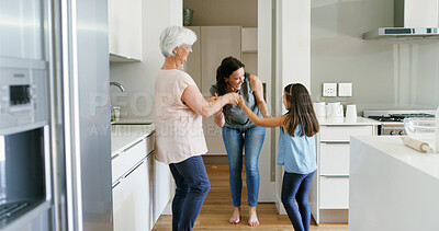 Buy stock photo Mother, child and grandmother with dancing in home for celebration, bonding or security. Energy, women or girl kid in circle in kitchen with moving together for weekend entertainment, care or support