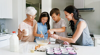 Buy stock photo Mother, grandmother and children baking in kitchen with ingredients preparation, bonding or support with whisking. Women, kids and learning to cook in home for culinary skills or teaching cake recipe