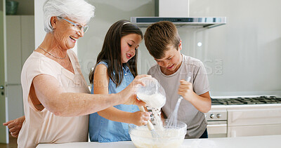 Buy stock photo Grandmother, children and learning to bake in kitchen with flour preparation, bonding or support with dessert. Old woman, kids and fun with cooking in home for culinary skills or teaching cake recipe
