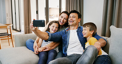 Buy stock photo Selfie, happy and parents with children on sofa for social media, profile picture and smile. Family, home and mom, dad and kids take photo for bonding, relationship and relax together in living room
