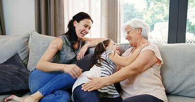 Buy stock photo Home, grandmother and mom with child for laughing, bonding and female generations with conversation. House, grandma and parent with girl for communication, funny joke and happy relationship on sofa
