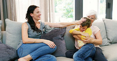 Buy stock photo Home, grandmother and mom with kid for laughing, bonding and playful with games on couch. House, grandma and parent with child for connection, funny joke and happy relationship on sofa in living room