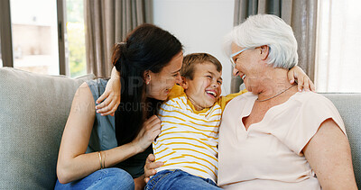 Buy stock photo Home, grandma and mom with child for laughing, bonding and playful with games in living room. House, grandmother and parent with boy for connection, funny joke and relationship with group hug on sofa