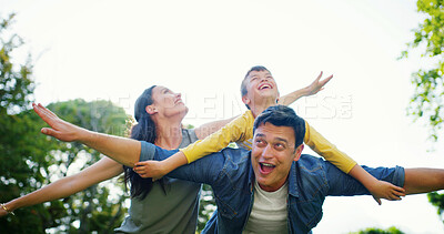 Buy stock photo Family, piggyback and outdoor flying for fun, fantasy adventure and holiday park for bonding. Happy son, parents and nature for support with airplane games, garden freedom and together on vacation
