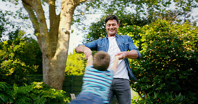 Buy stock photo Outdoor, father and child with spinning for game, playful and relationship with bonding together. Nature, man and kid with swinging for childhood fun, coordination and balance with trust in backyard