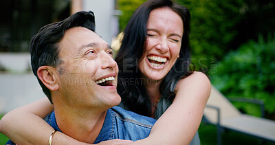Buy stock photo Couple, laughing and embrace in garden by home for bonding, connection and affection in marriage. Happy people, romance and hug outdoor with funny joke, playful in relationship and support by house