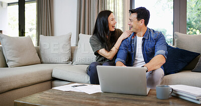 Buy stock photo Sofa, couple and excited with laptop for finance, track expenses or success for budget goal at home. House, woman and man with document for financial payment review, digital savings or mortgage bills