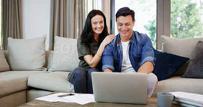 Buy stock photo Sofa, couple and happy with laptop for finance, track expenses and success for budget goals at home. House, woman and man with technology for tax payment review, digital savings and mortgage bills