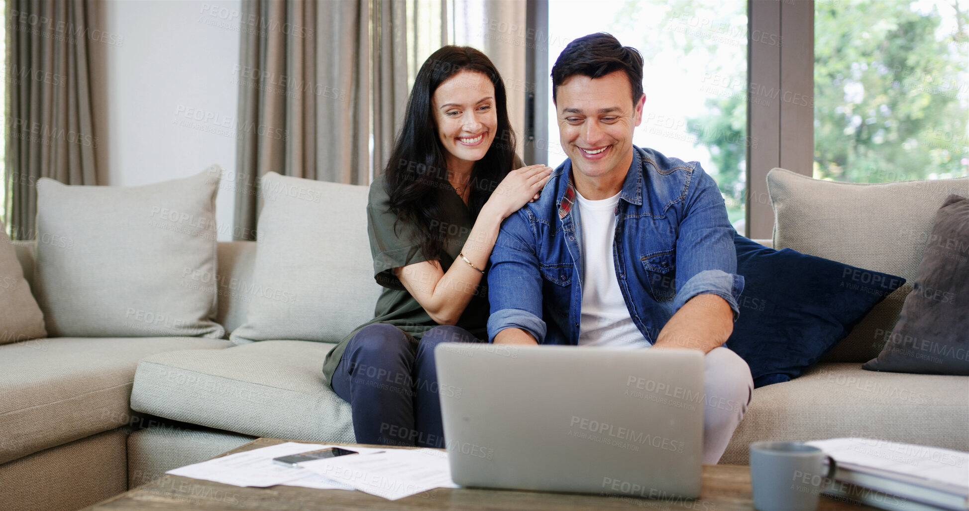Buy stock photo Sofa, couple and happy with laptop for finance, track expenses and success for budget goals at home. House, woman and man with technology for tax payment review, digital savings and mortgage bills