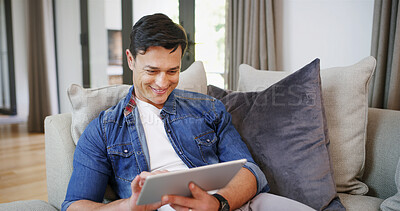 Buy stock photo Sofa, relax and happy man with tablet for game, online entertainment and web subscription at home. House, male person and smile with digital for interactive app, social media and connection on couch
