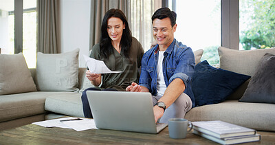 Buy stock photo Sofa, couple and documents with laptop for finance, track expenses and success for budget goals at home. House, woman and man with happiness for financial report, digital savings and mortgage bills