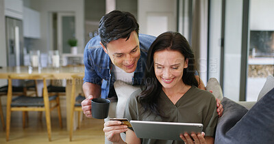 Buy stock photo Home, couple and smile with tablet for credit card, digital payment and web subscription for movie. House, man and woman with debit for online shopping, streaming platforms and service with support
